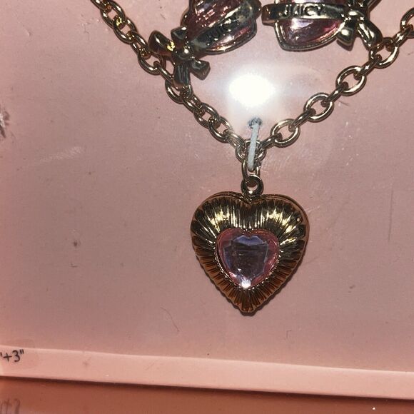 New Juicy Couture Pink Charm Necklace & Earrings, Heart Set Gold Tone Stud Boxed - Picture 5 of 6